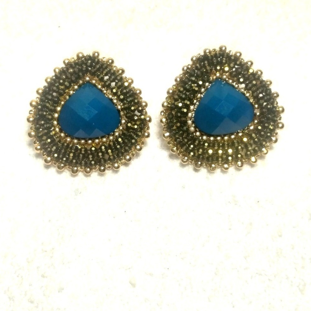 Gold Tone Teal Blue Beaded Teardrop Stud Statement Earrings Boho Jewel Tone